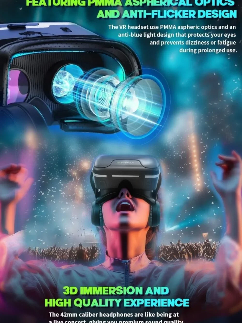 Immersive VR Headset with Built-in Headphones - 120° FOV for 3D Movies & Games